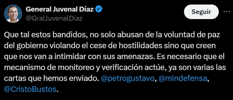 El Gobernador de Santander aseguró que las bandas criminales violan los acuerdos con el Gobierno - crédito @GralJuvenalDiaz /X