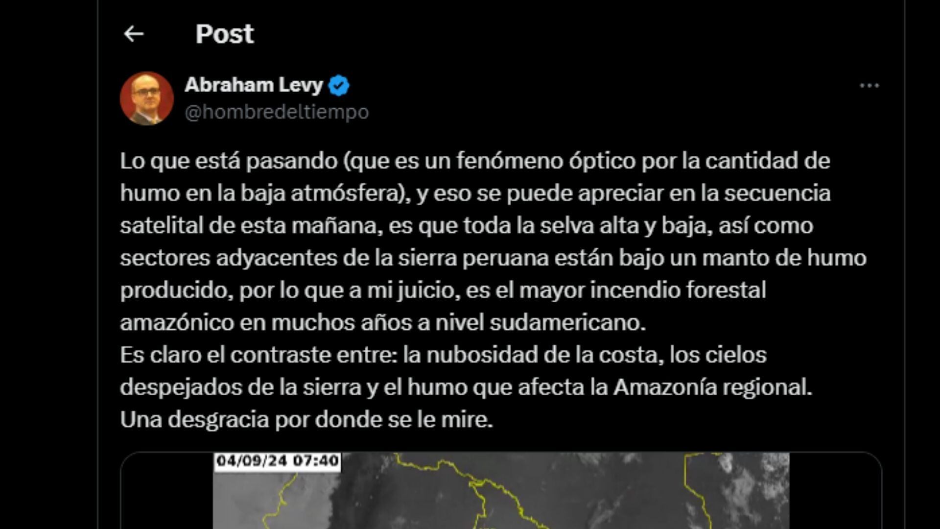 Abraham Levy, el llamado 'hombre del tiempo', se refirió a este fenómeno que tiñó de rojo intenso el sol en la selva del Perú.