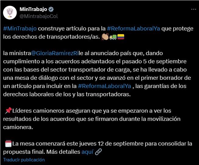 Más de 20 representantes del gremio de transportadores se reunieron con el Ministerio del Trabajo - crédito @MintrabajoCol/X