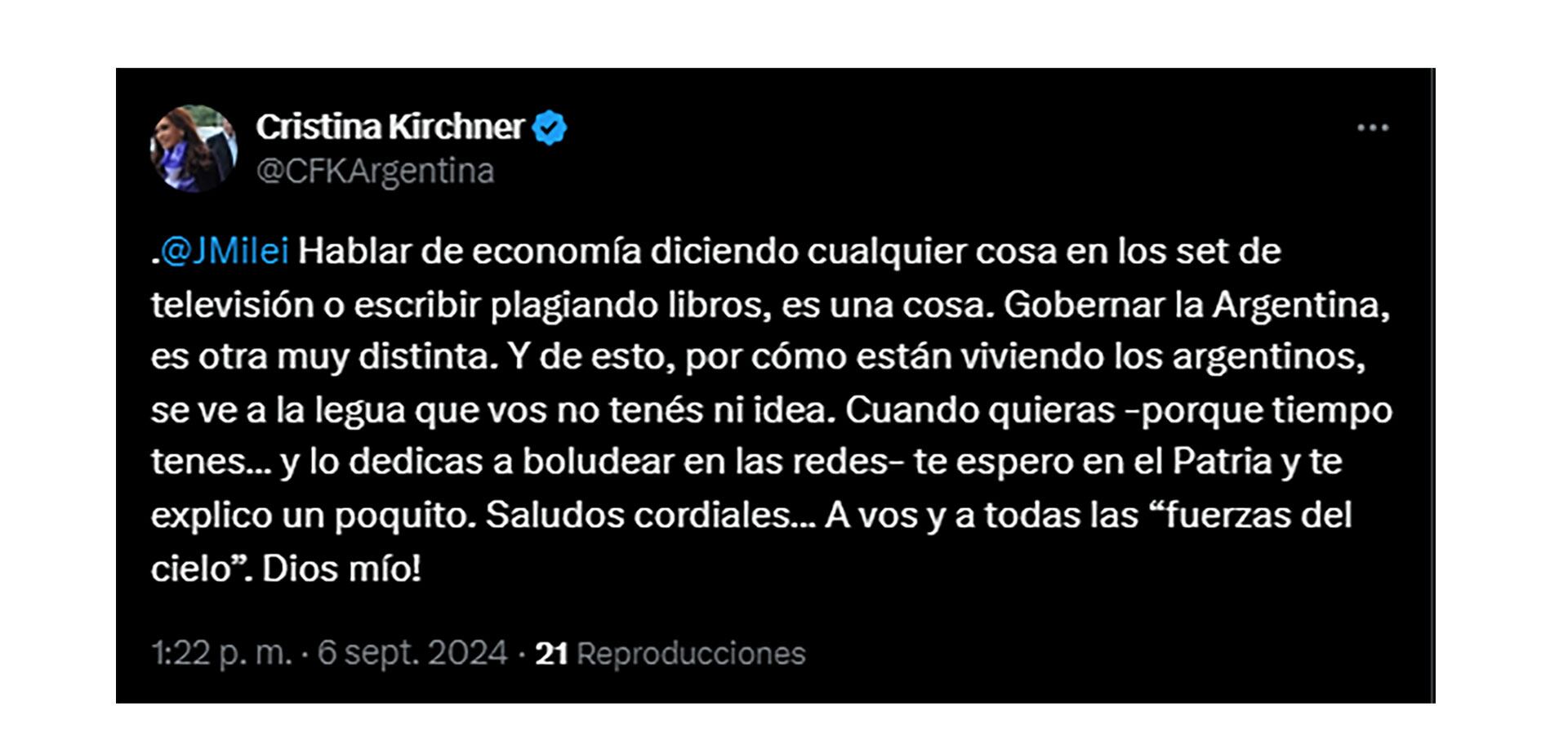 cristina kirchner javier milei tuit