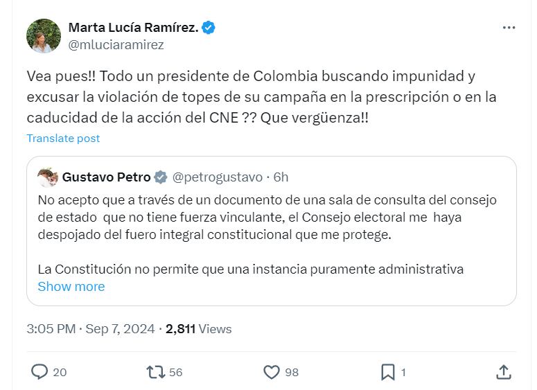 Ramírez criticó al mandatario por buscar impunidad mediante la prescripción o caducidad de la acción del Consejo Nacional Electoral - crédito @mluciaramirez/X