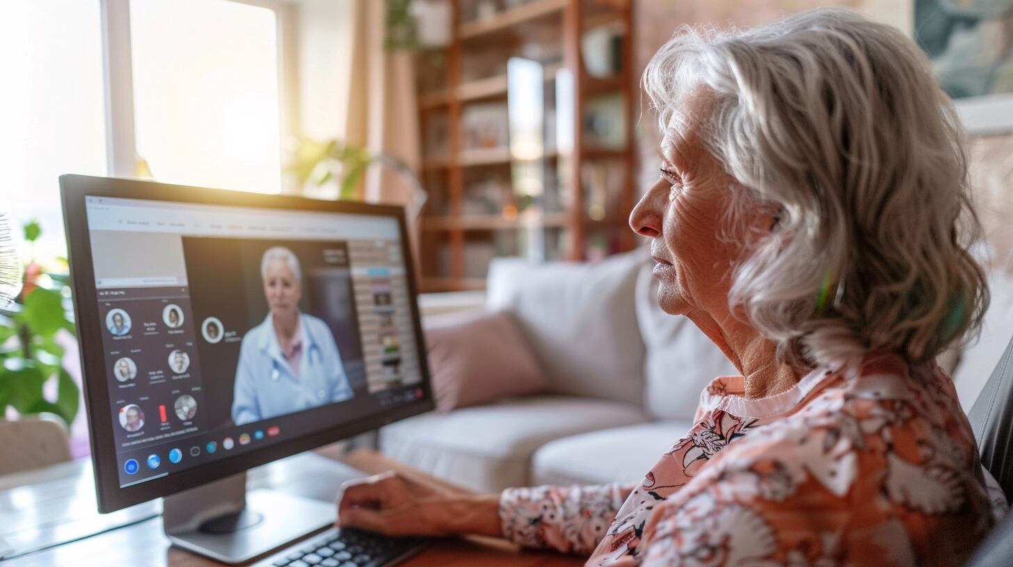 Abuela utilizando su computadora para una videollamada médica, mostrando la integración de la tecnología en el cuidado de la salud para la tercera edad. La consulta virtual con su médico refleja un paso adelante en el acceso a la medicina, asegurando su bienestar desde la comodidad de su hogar. (Imagen ilustrativa Infobae)