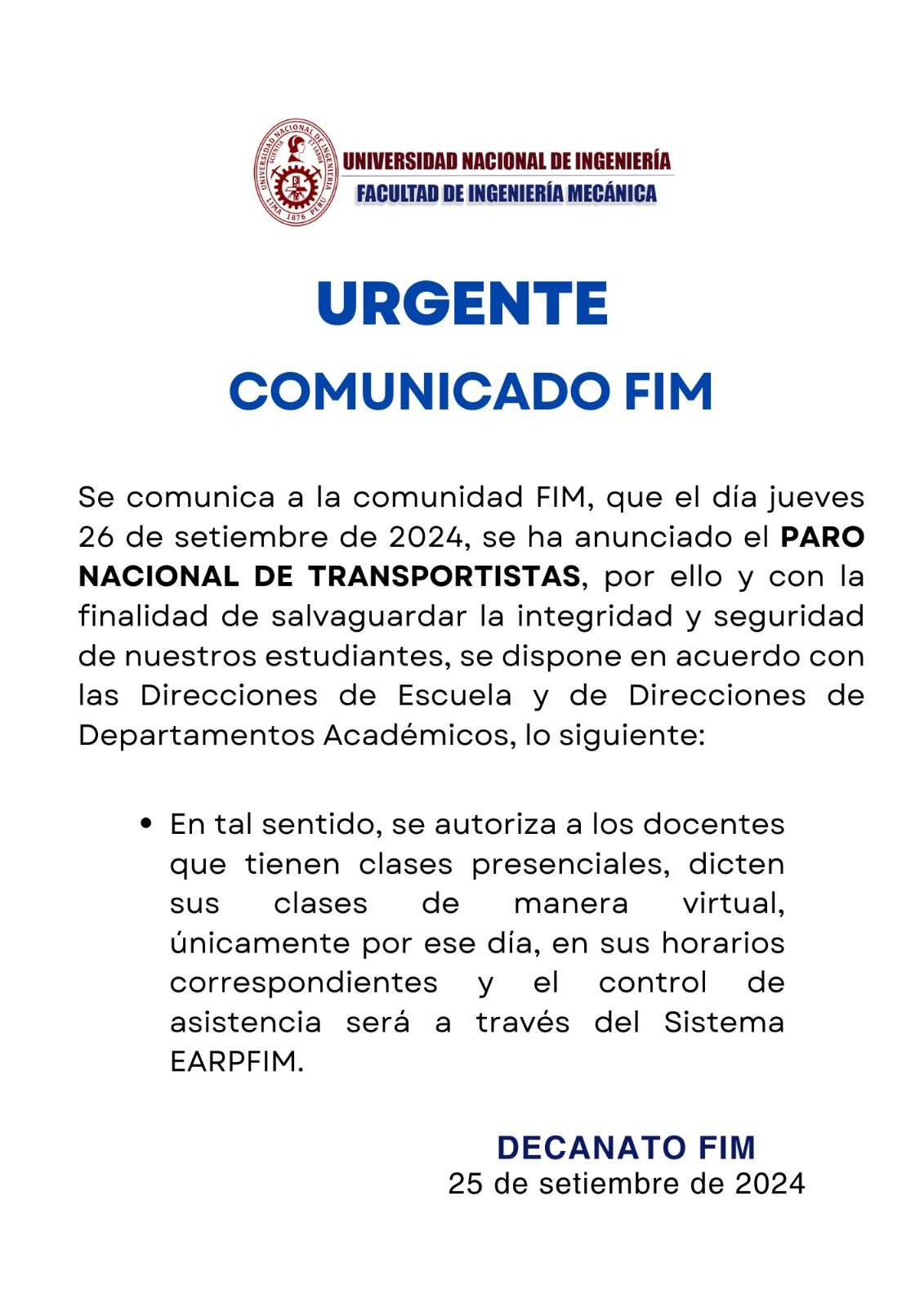 Comunicado de la Facultad de Ingeniería Mecánica de la UNI.