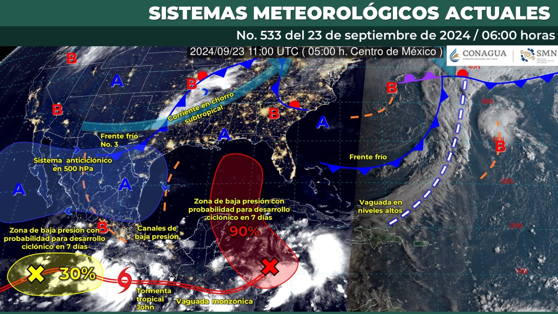 Mapa de los sistemas meteorológicos que influirán en el clima de México este lunes 23 de septiembre