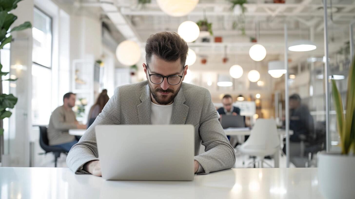 Hombre concentrado usando computadora en un ambiente de coworking, simbolizando la nueva era del trabajo remoto. La tecnología y la conectividad se unen para crear un espacio productivo y profesional. (Imagen ilustrativa Infobae)