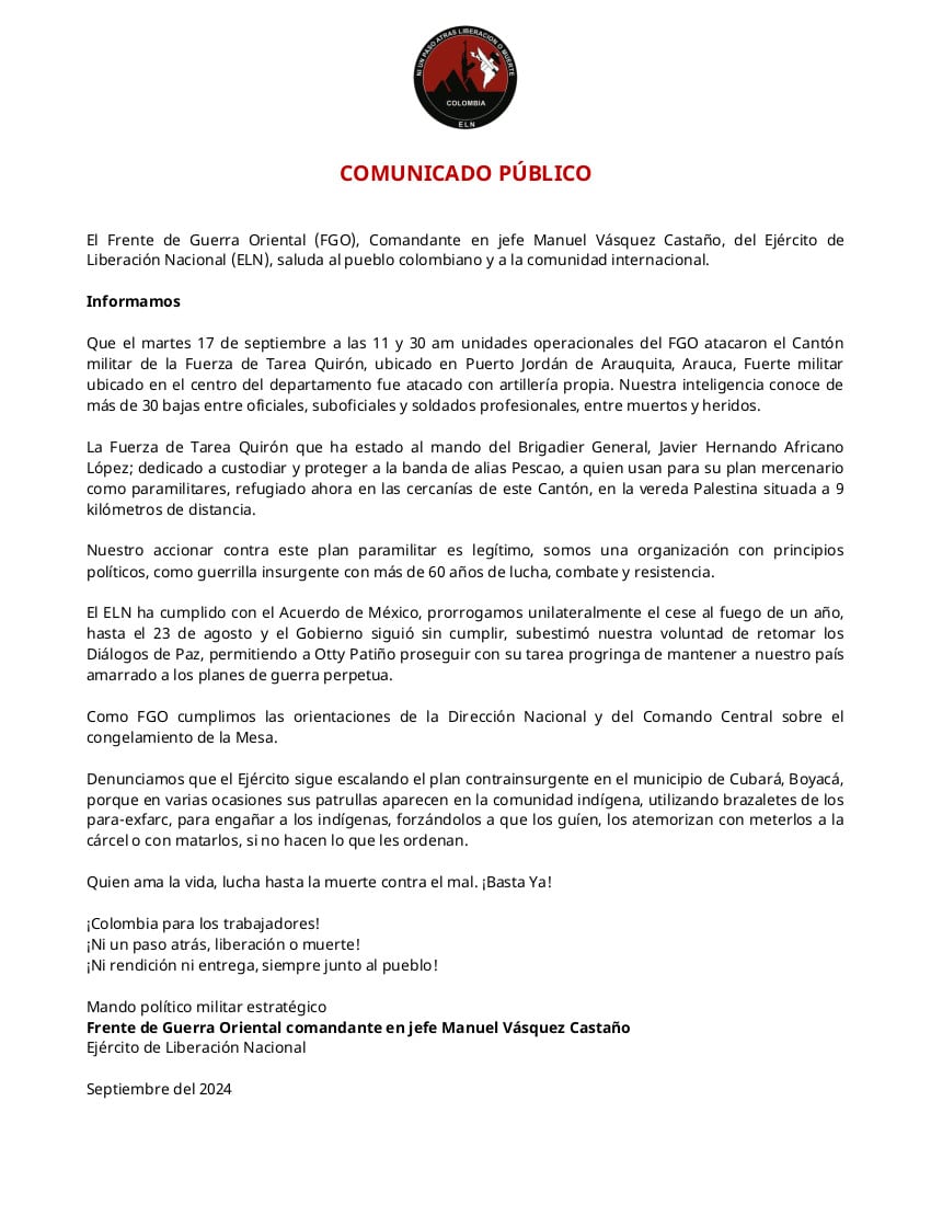 Este fue el comunicado oficial de la guerrilla - crédito @DelegacionEln