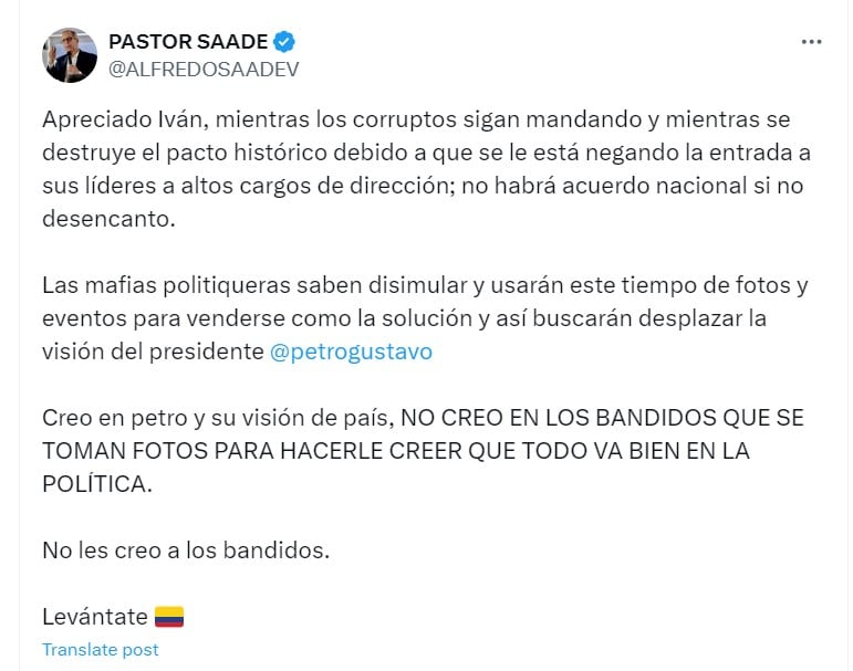 El líder religioso cuestionó el texto que contempla las bases del Acuerdo Nacional, presentado por el ministro Juan Fernando Cristo - crédito @ALFREDOSAADEV/X