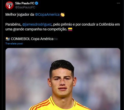 Este fue el tuit donde la cuenta de Sao Paulo realiza la felicitación a James Rodríguez - crédito @SaoPauloFC / X