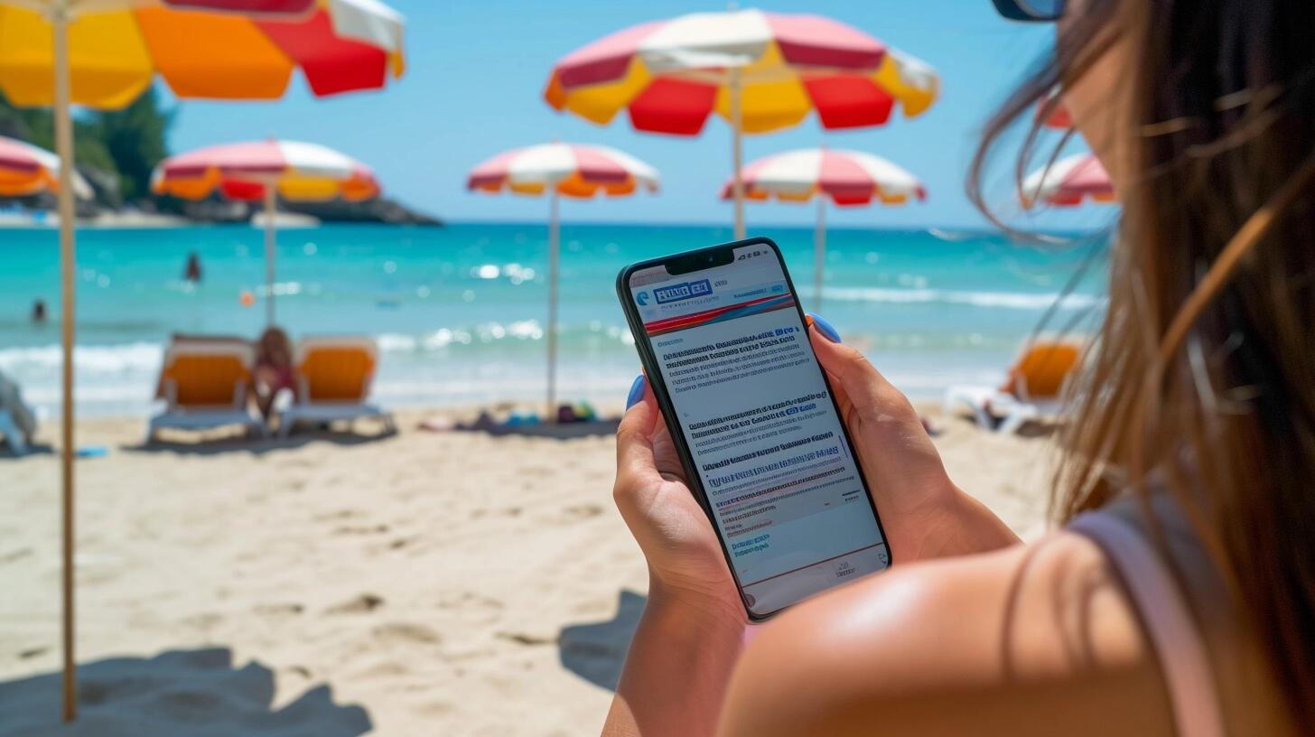 Joven en la playa leyendo su celular, combinando el descanso vacacional con la conexión al mundo a través de la información y actualidad en línea, mostrando cómo la tecnología nos permite estar informados en cualquier lugar. (Imagen ilustrativa Infobae)