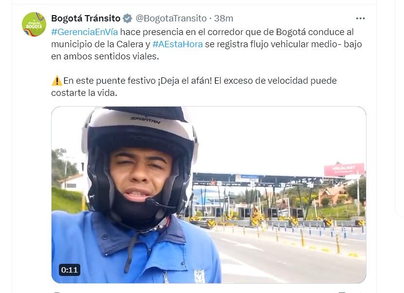 Bogotá Tránsito informa de situación en vía que conecta a la capital con La Calera - crédito @BogotaTransito