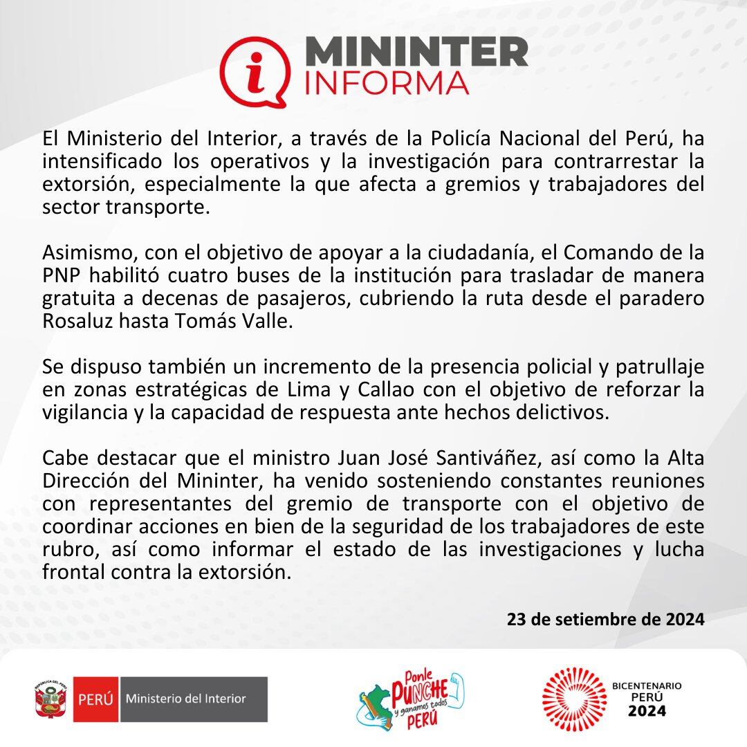 El Ministerio del Interior también emitió un comunicado ante el paro de transportistas.