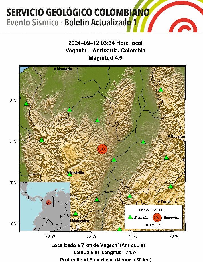 Sismo en Vegachí, Antioquía con magnitud de 4.5 - crédito @sgcol / X