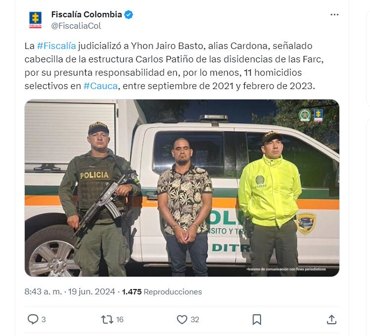 Alias Cardona no aceptó cargos y por este motivos seguirá recluido - crédito @FiscaliaCol