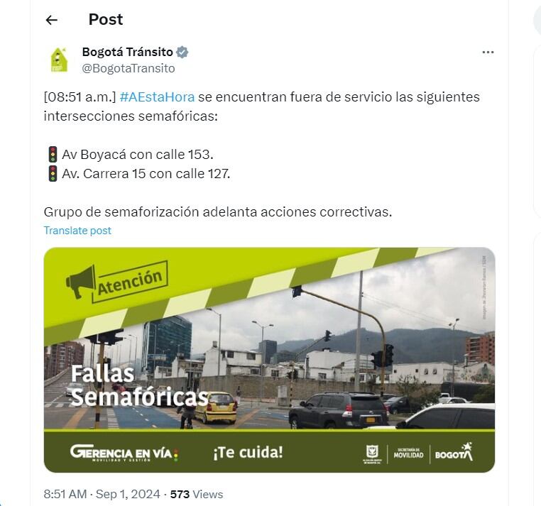 Bogotá Tránsito informa de fallas en semáforos en el norte de la ciudad - crédito @BogotaTransito