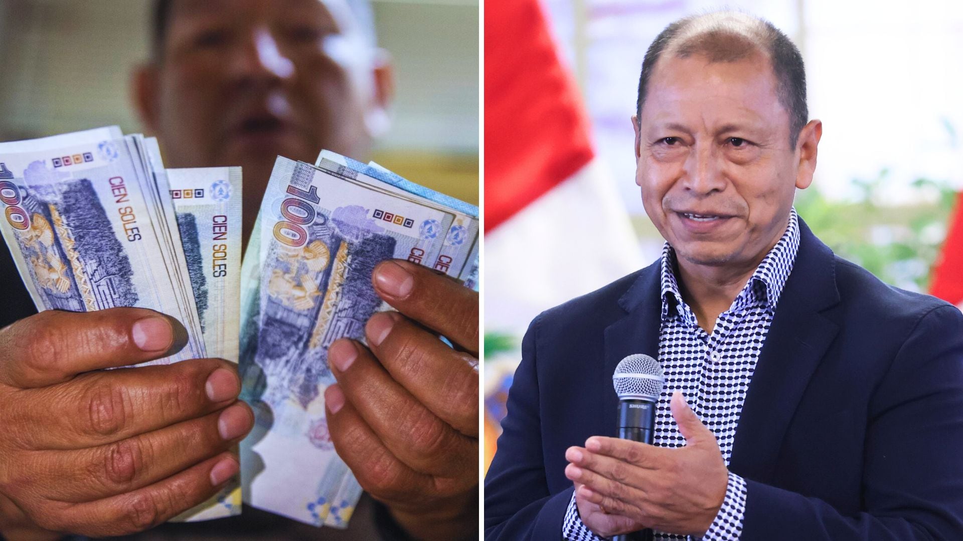 Persona con billetes de 100 soles y foto de Daniel Maurate, titular del MTPE en Consejo de Ministros