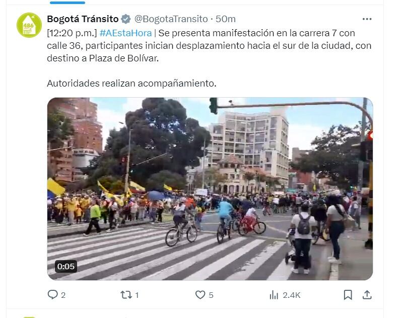 Bogotá Tránsito informa de una manifestación por la carrera Séptima - crédito @BogotaTransito