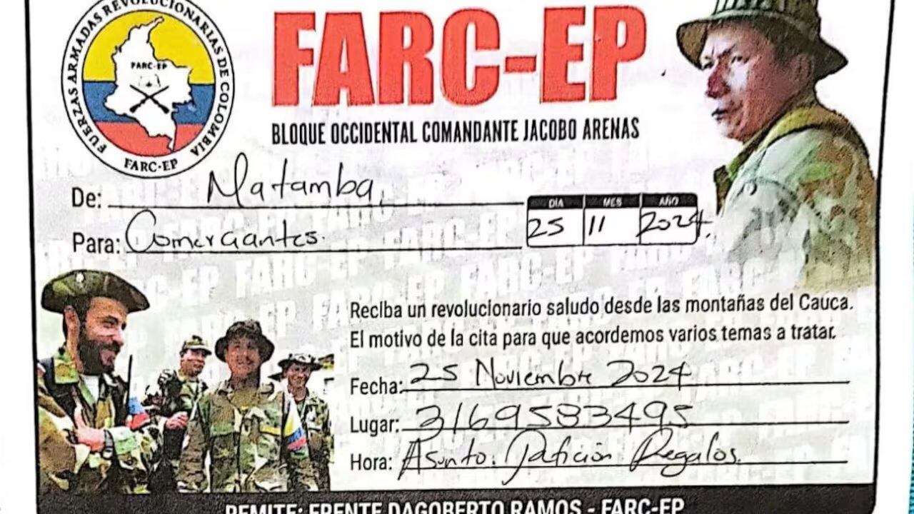 Panfleto emitido por las disidencias de las Farc en el Cauca