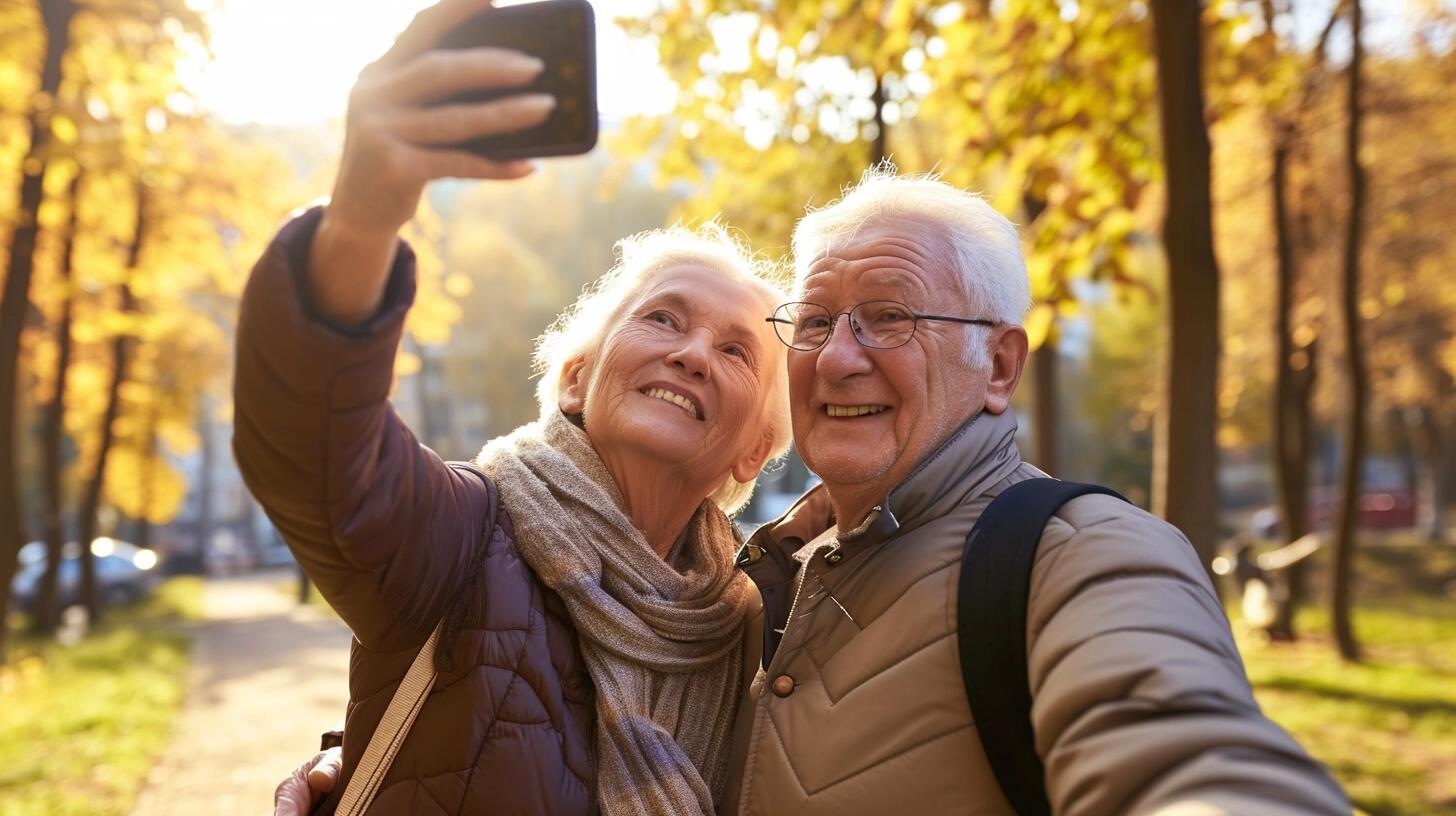 Una pareja de ancianos sonriendo mientras toman una selfie con un smartphone, evidenciando su familiaridad y entusiasmo por la tecnología. La imagen capta un momento alegre de un abuelo y una abuela, mostrando cómo las personas de la tercera edad pueden disfrutar y participar activamente en la era de internet y las redes sociales, rompiendo estereotipos sobre la edad y la tecnología. (Imagen ilustrativa Infobae)