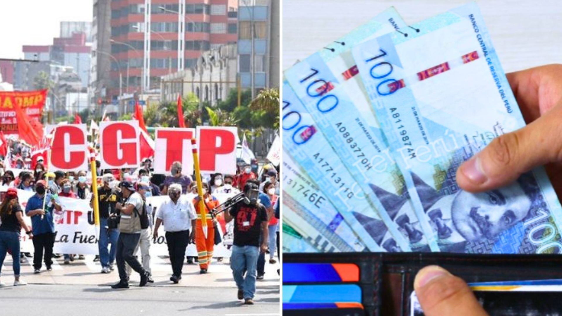 marcha de CGTP y mano con billetes de 100 soles en billetera