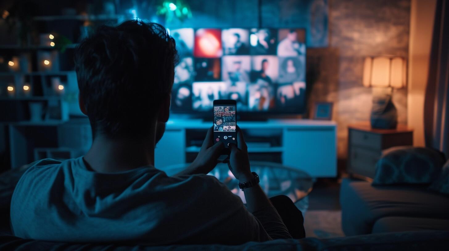 Un individuo concentrado en su teléfono móvil, con un televisor encendido en el fondo mostrando una película o serie. La imagen captura la realidad de cómo los smartphones y el acceso a internet y redes sociales han cambiado la manera en que interactuamos con los medios tradicionales, mostrando la tendencia de dividir nuestra atención entre distintas pantallas en nuestra vida diaria. (Imagen ilustrativa Infobae)