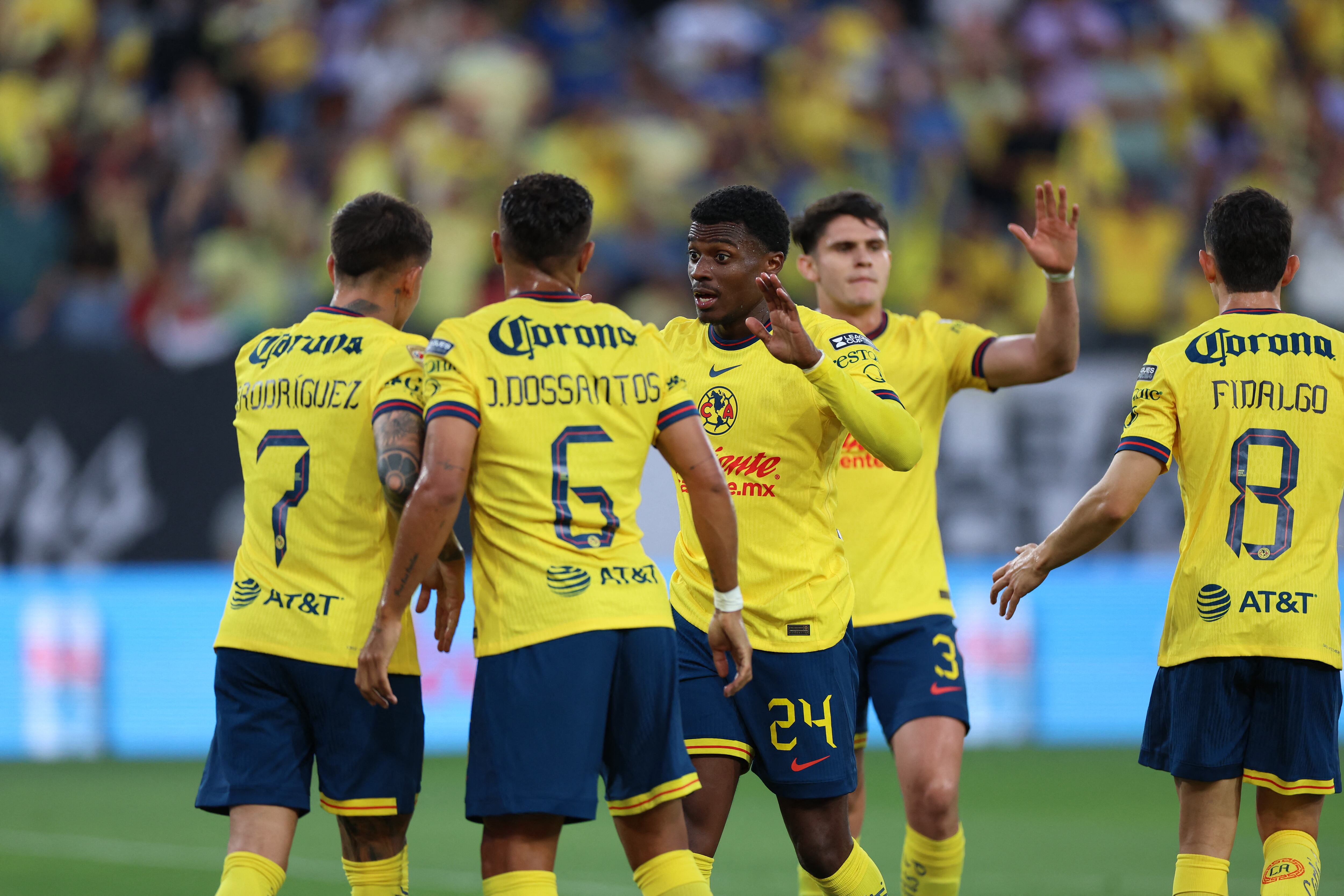 Aug 9, 2024; San Diego, California, USA;  Club America midfielder Brian Rodriguez (7), midfielder Jonathan Dos Santos (6) and forward Javairo Dilrosun (24) celebrate after scoring a goal against Atlas at Snapdragon Stadium. Mandatory Credit: Abe Arredondo-USA TODAY Sports