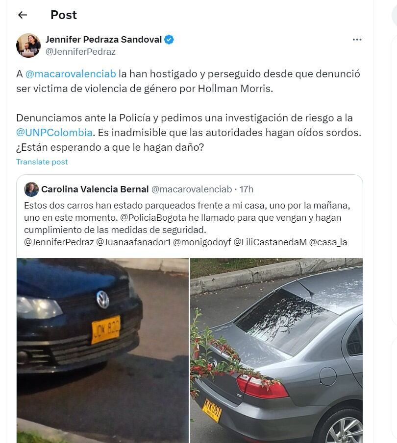 Jennifer Pedraza denuncia hostigamiento a una de las denunciantes de Hollman Morris - crédito @JenniferPedraz