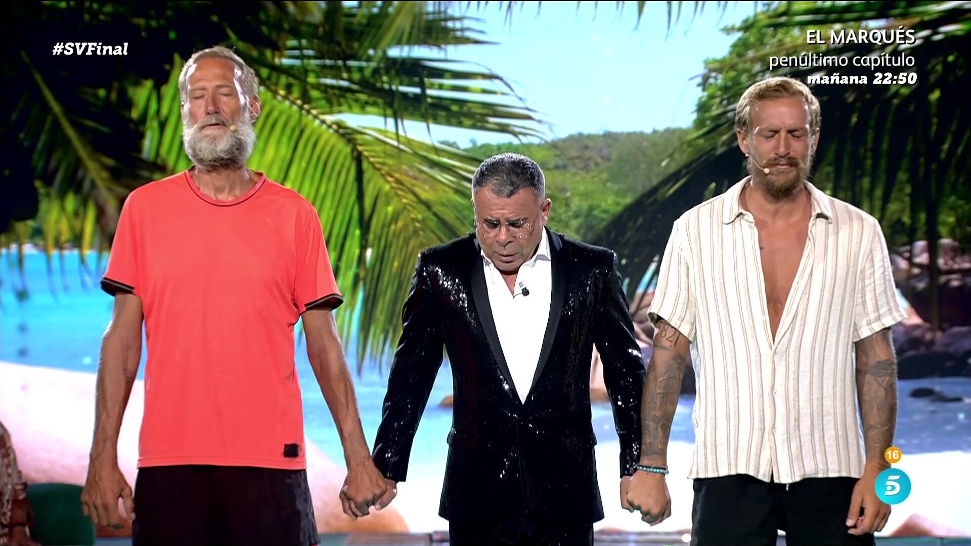 Pedro García Aguado, Jorge Javier Vázquez y Rubén Torres en la final de 'Supervivientes 2024'