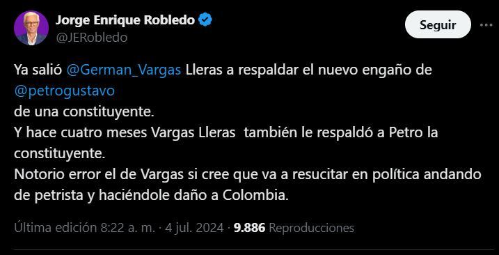 Jorge Enrique Robledo se despachó contra Germán Vargas Lleras por apoyar una constituyente - crédito @JERobledo/X