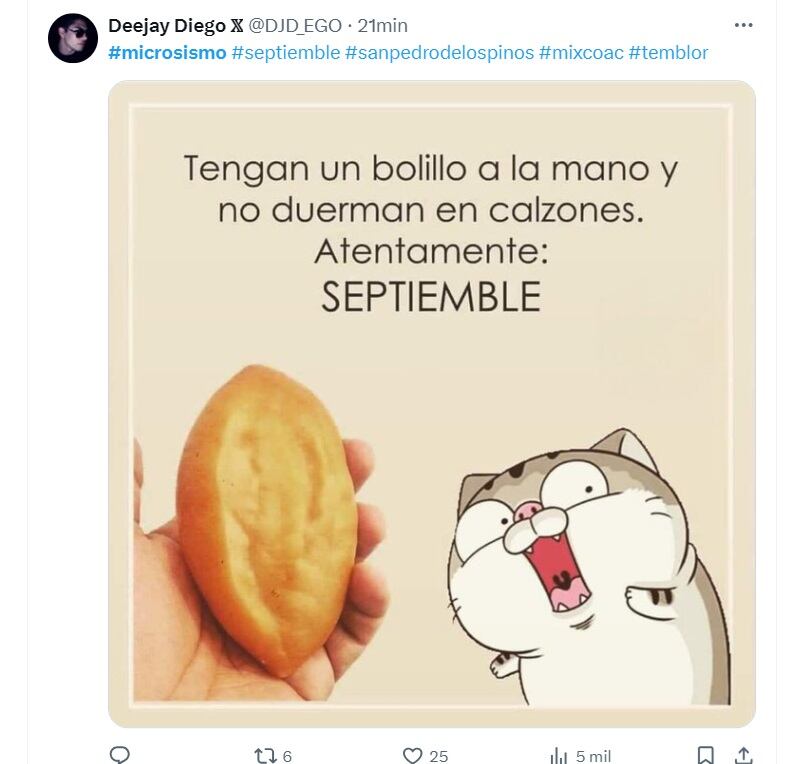 Usuarios en redes reaccionaron con memes al microsismo de la CDMX (Captura X)