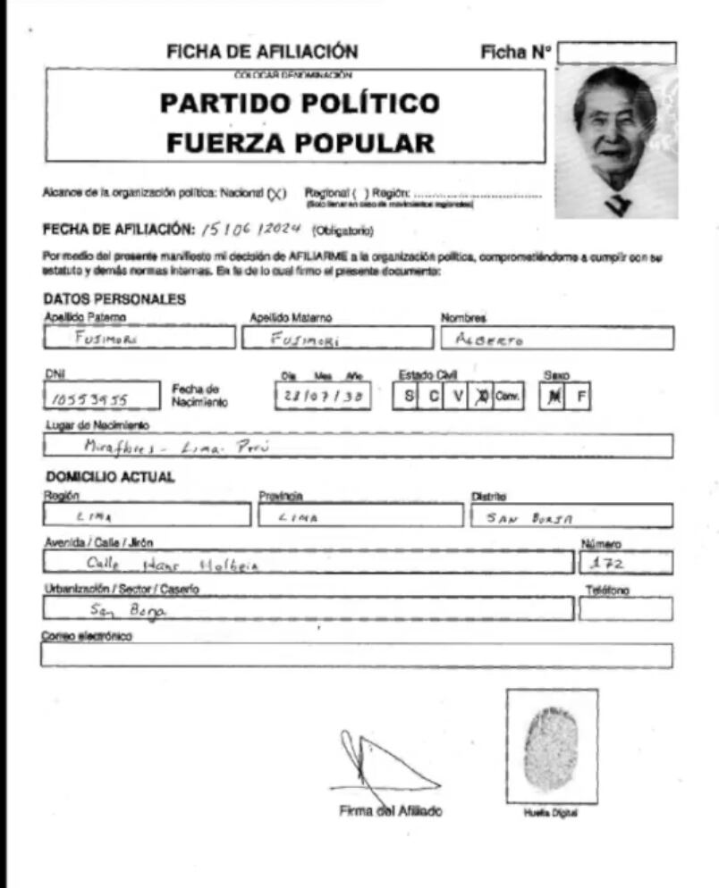 Ficha de afiliación Alberto Fujimori