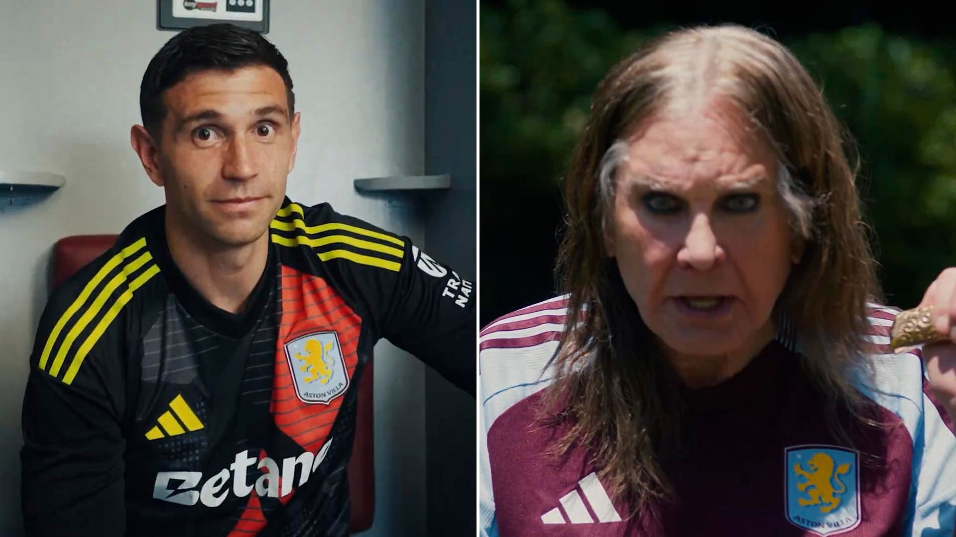 La presentación de la nueva camiseta de Aston Villa con Dibu Martínez y Ozzy Osbourne