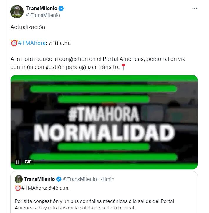 Los usuarios tuvieron que permanecer varios minutos a la espera de que el bus con fallas fuera removido para retomar la operación - crédito @TransMilenio/X