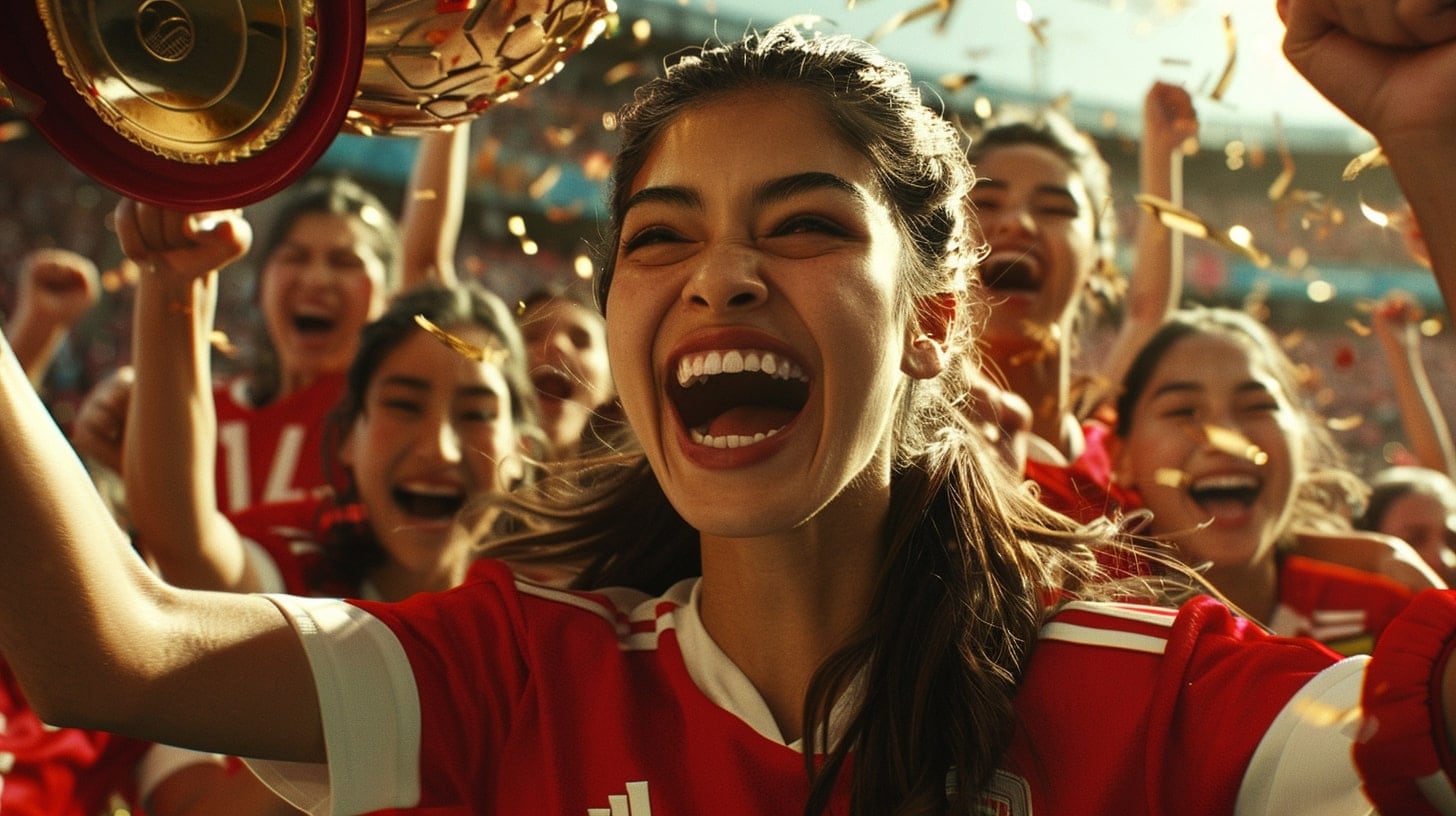 Mujeres atletas posan con trofeo de campeonato, sonrisas y gesto de victoria - (Imagen Ilustrativa Infobae)