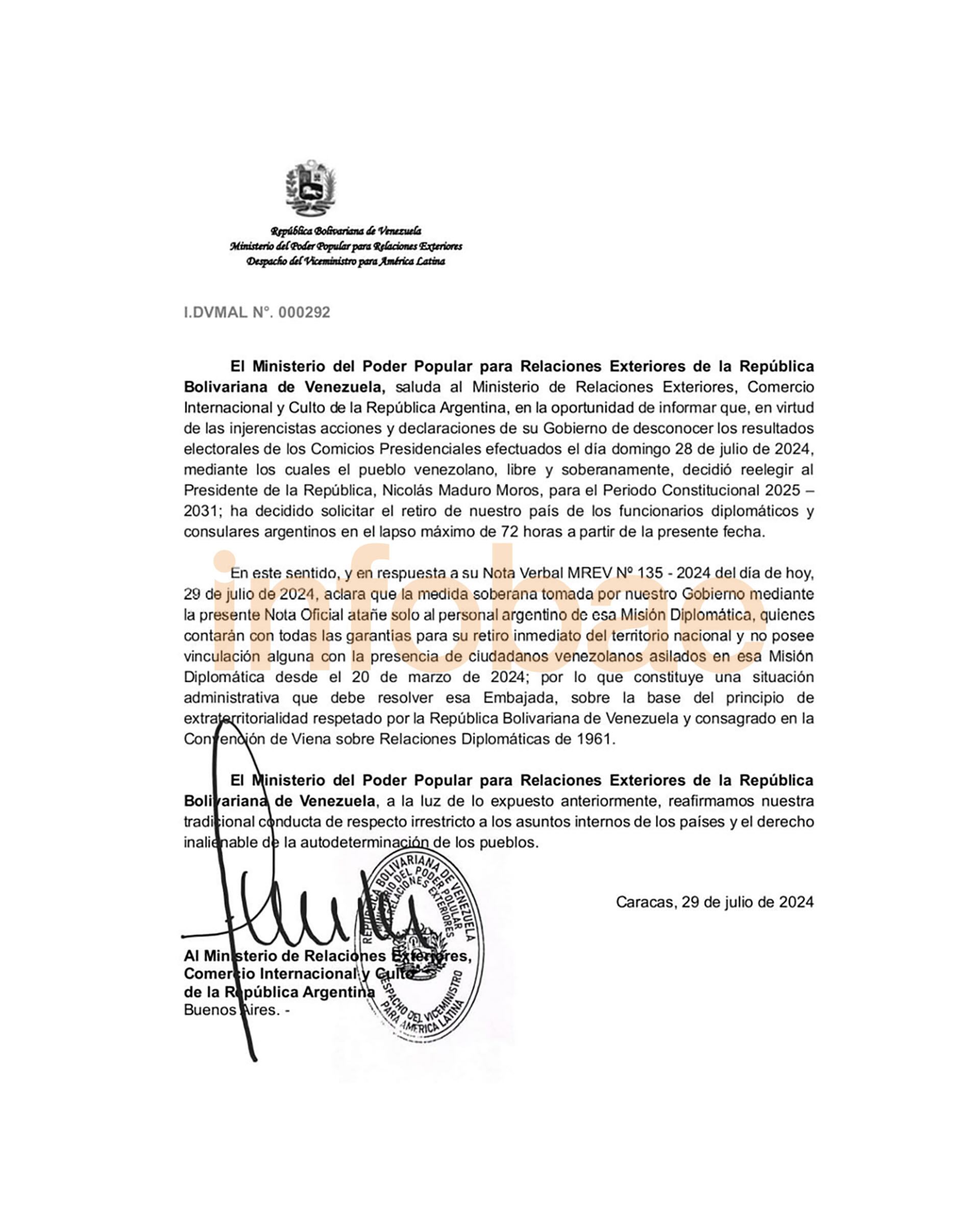 La dictadura de Maduro les dio tres días a los diplomáticos argentinos para que dejen Venezuela documento