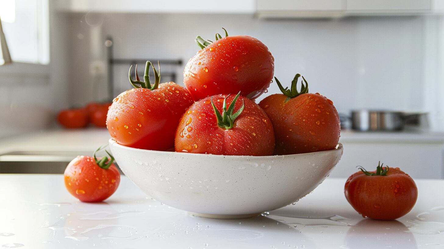 Imagen de tomates rojos y brillantes en un bowl sobre una encimera de cocina, destacando su papel como fuente de vitaminas y minerales. Este ingrediente básico, tanto versátil como económico, es fundamental para una dieta saludable y una cocina creativa. Palabras clave: tomates rojos, fuente de vitaminas, encimera de cocina, ingrediente básico, dieta saludable, cocina creativa, minerales, versátil, económico, bienestar nutricional. (Imagen ilustrativa Infobae)