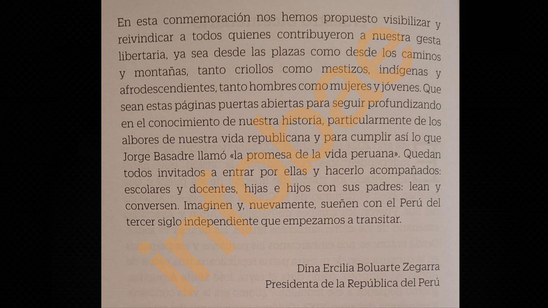 Incorporan texto de Dina Boluarte en libro del Bicentenario