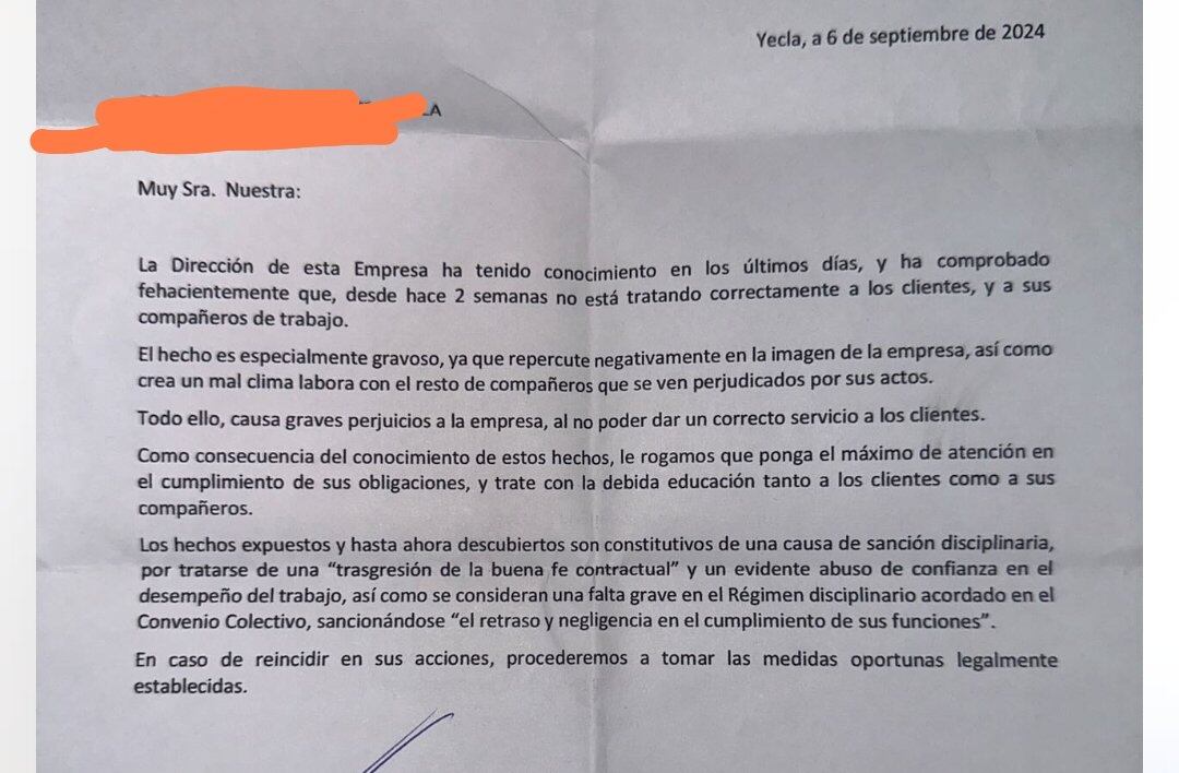 Amonestación recibida por la empleada (@SoyCamarero/X)