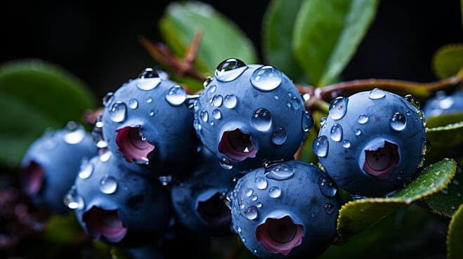 Un hermoso racimo de arándanos cubiertos de rocío en un jardín por la mañana. Los detalles y las texturas resaltan la frescura y el atractivo natural de los arándanos, mientras que los colores azules, verdes y morados aportan una sensación de calma. (Imagen ilustrativa Infobae)