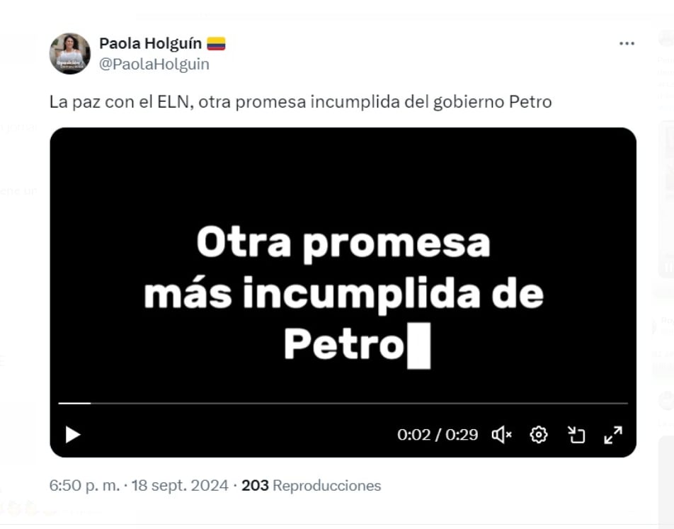 La senadora del Centro Democrático, Paola Holguín, criticó al Gobierno tras el fin de los diálogos con el ELN - crédito @PaolaHolguin/X