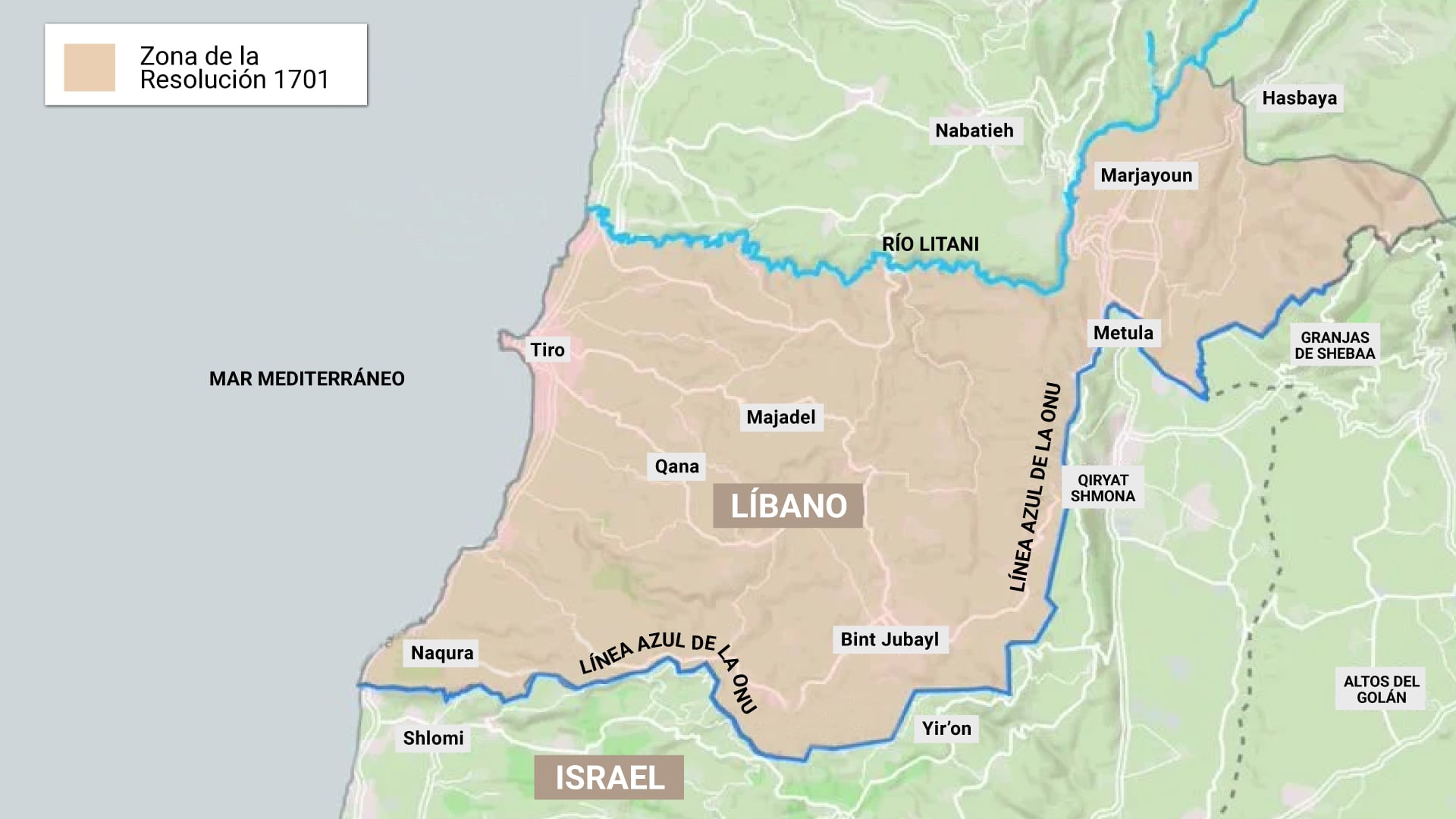 Infografía - Mapa Zona de la Resolución 1701 en el sur del Líbano