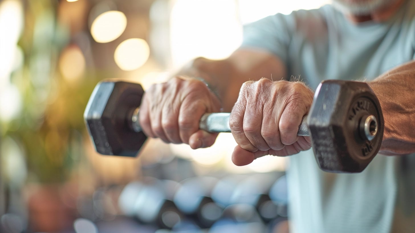 Adulto mayor fortaleciendo su cuerpo con entrenamiento de pesas en un ambiente de gimnasio, evidenciando la dedicación a su salud física y mental. A través del deporte y la correcta hidratación, mantiene un estilo de vida activo y saludable, demostrando la importancia de cuidarse a cualquier edad. (Imagen ilustrativa Infobae)