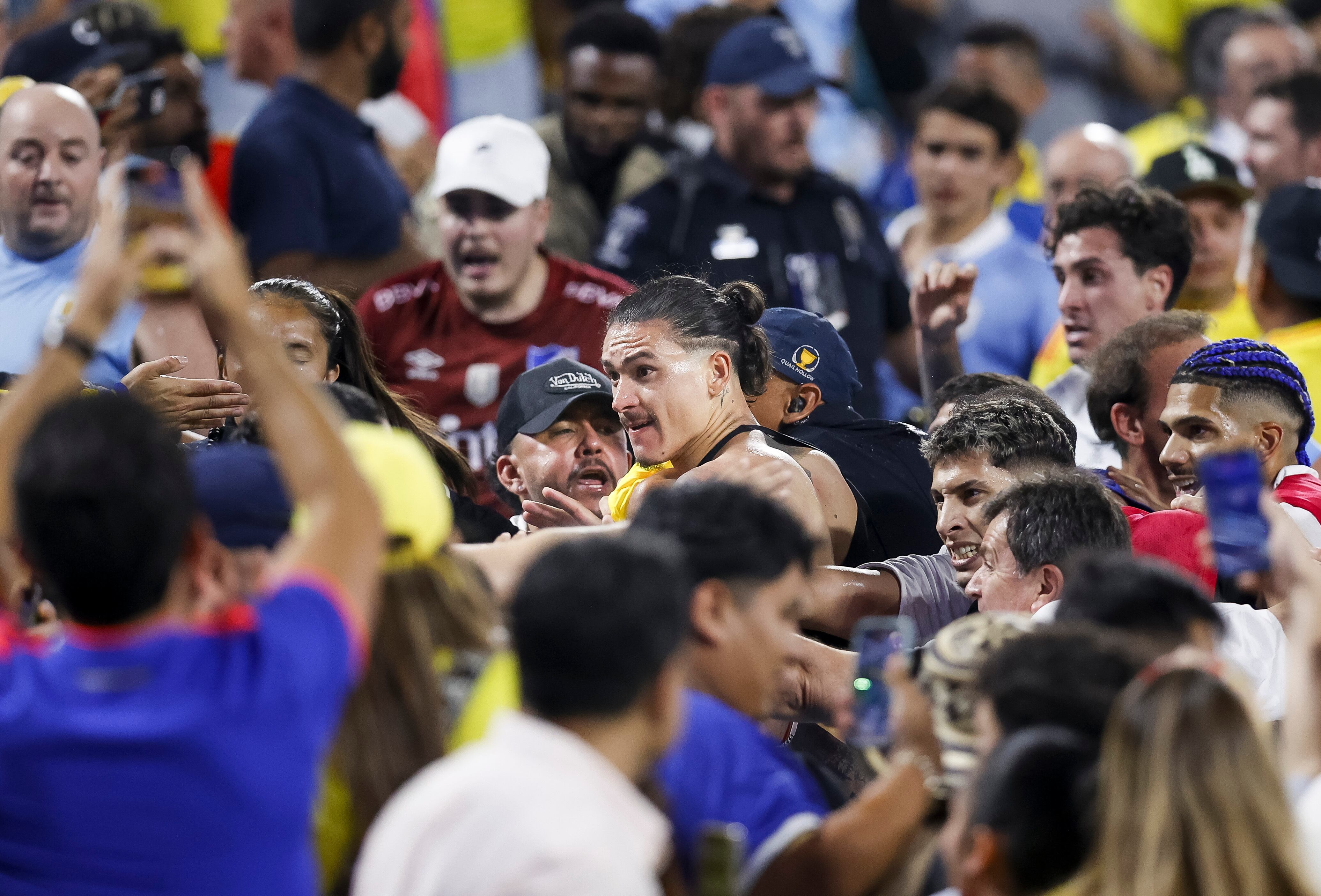 El delantero Darwin Núñez saltó a la tribuna en medio de la pelea (Foto: EFE/EPA/BRIAN WESTERHOLT)