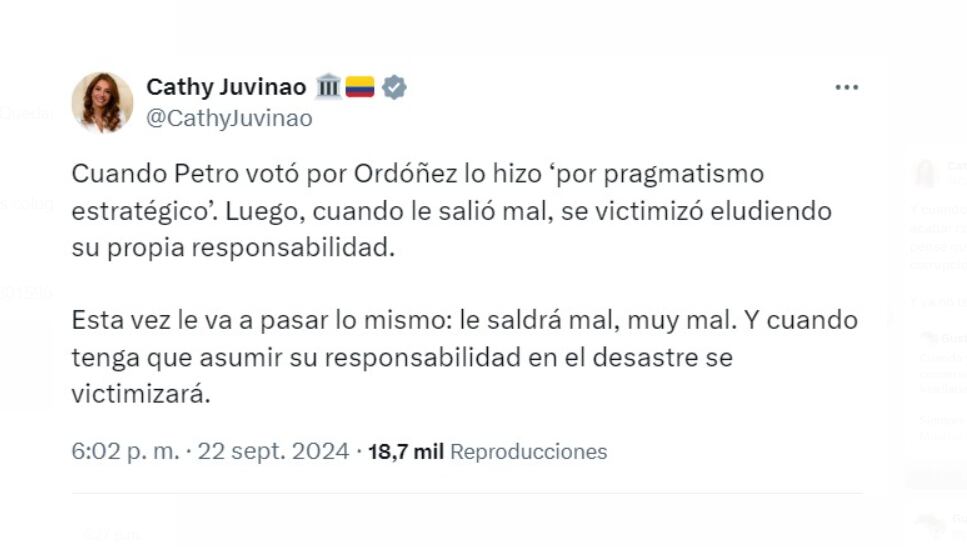 Catherine Juvinao criticó la inclusión de Gregorio Eljach en la terna para procurador, acusando a Petro de repetir errores del pasado con Alejandro Ordoñez - crédito @CathyJuvinao/X