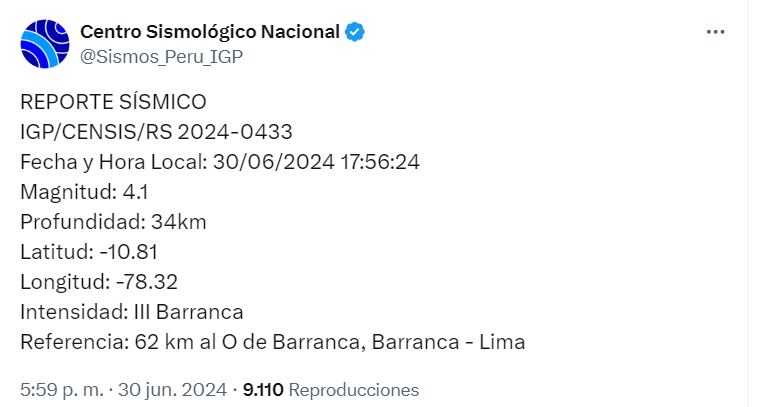 Sismo en Lima: Movimiento de magnitud 4.1 se sintió esta tarde en Barranca. (Captura: IGP)