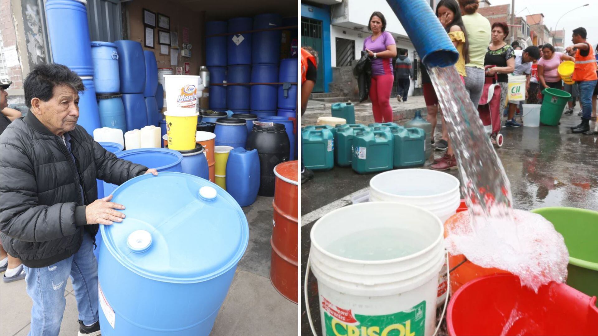 Hombre adulto con envase azul grande de agua, y baldes de agua siendo llenados con manguera y chorro.