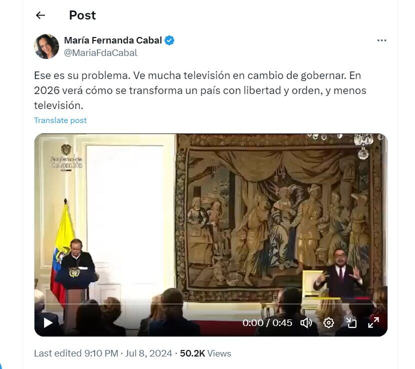 María Fernanda Cabal dijo que el presidente Petro "ve mucho televisión" - crédito @MariaFdaCabal