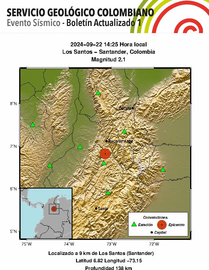 El Servicio Geológico reportó otro temblor en la jornada del domingo - crédito SGC