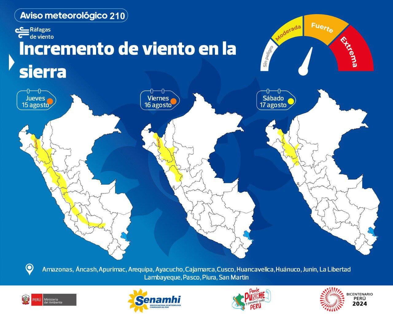 El aviso meteorológico del Senamhi pone en nivel de peligro naranja a varias regiones del Perú hasta el sábado 17 de agosto.