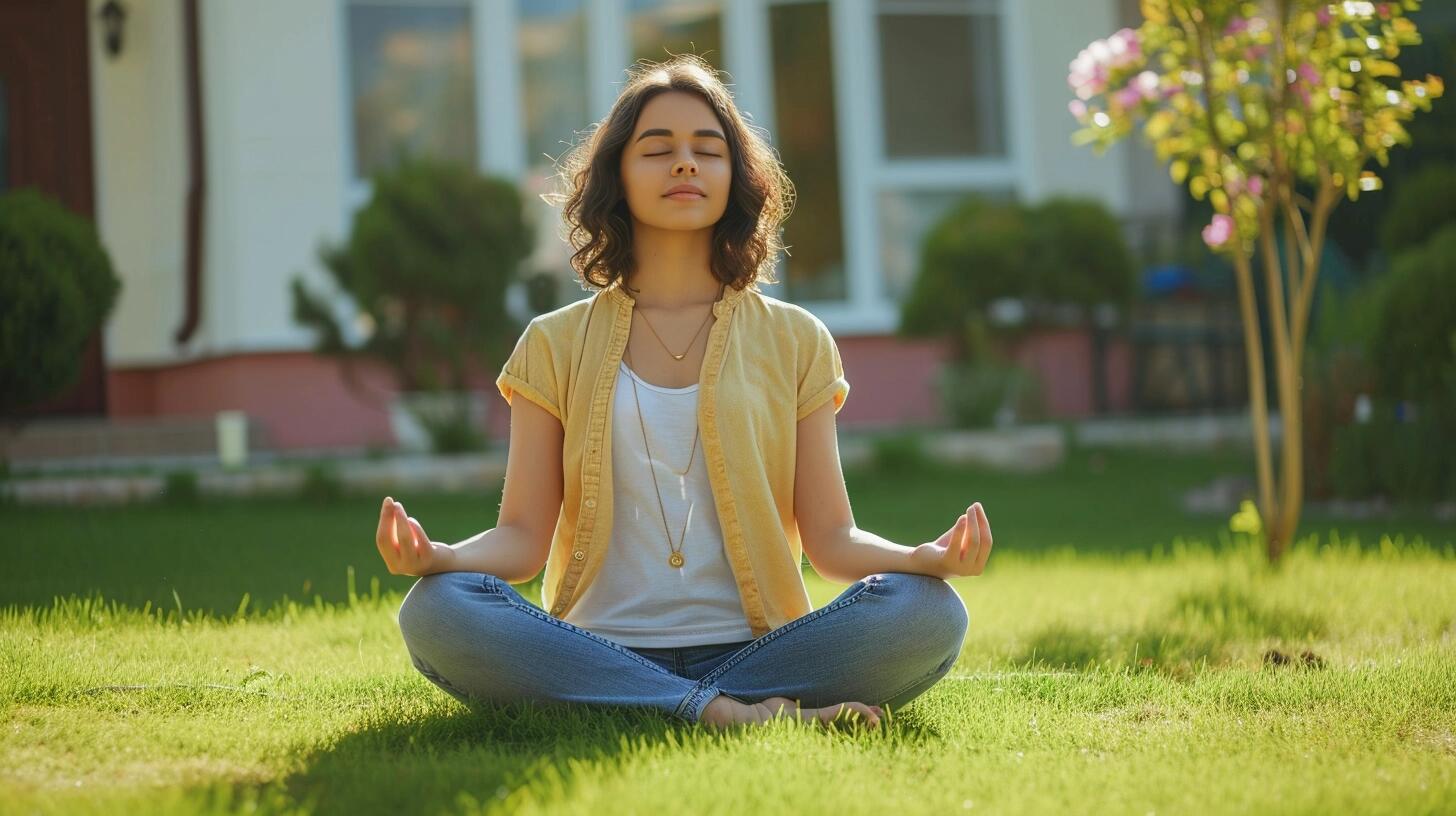 Adolescente en profunda meditación en su jardín, rodeada de un entorno natural tranquilo. La imagen ilustra cómo la meditación y el mindfulness pueden ser parte integral de la salud mental y el bienestar en la educación de los jóvenes, ofreciendo un espacio de calma y reflexión personal. (Imagen ilustrativa Infobae)