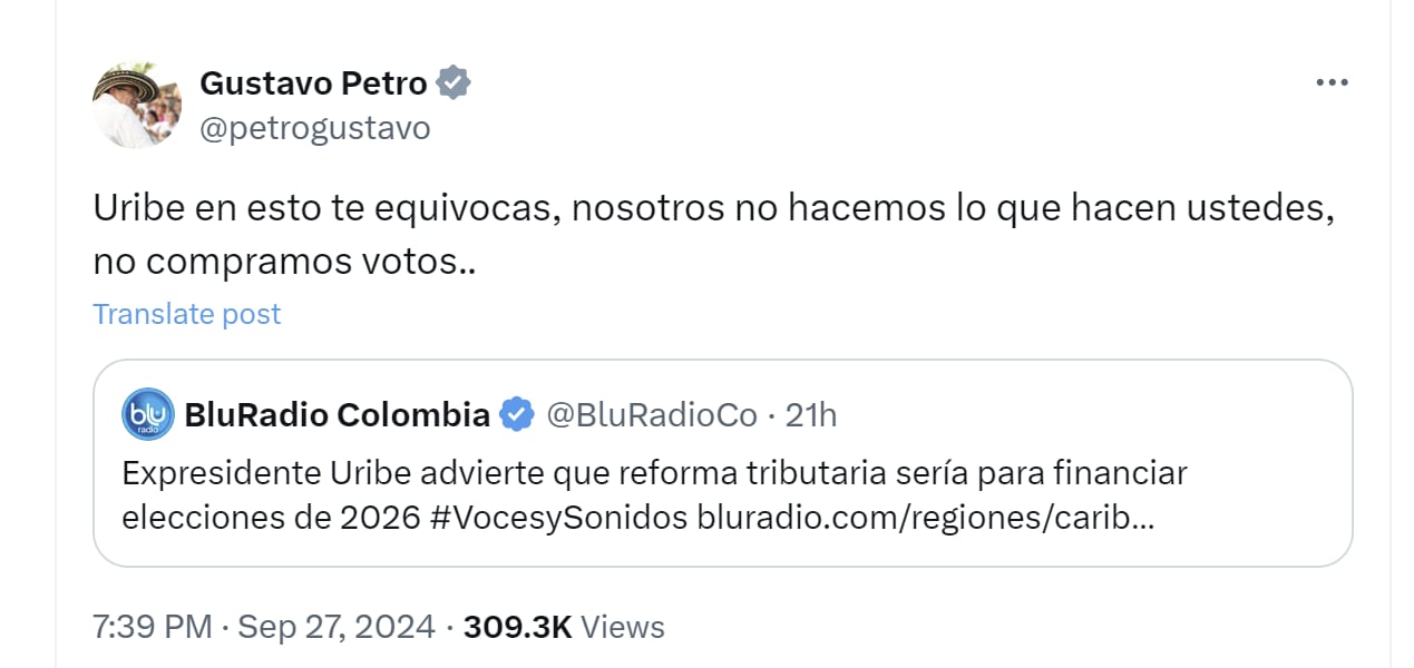 El presidente Gustavo Petro aseguró que no está interesado en la compra de votos - crédito @petrogustavo/X